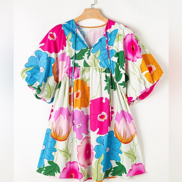 White Floral Print Split Neck Babydoll Dress Bohemian Mini - Picture 5 of 11